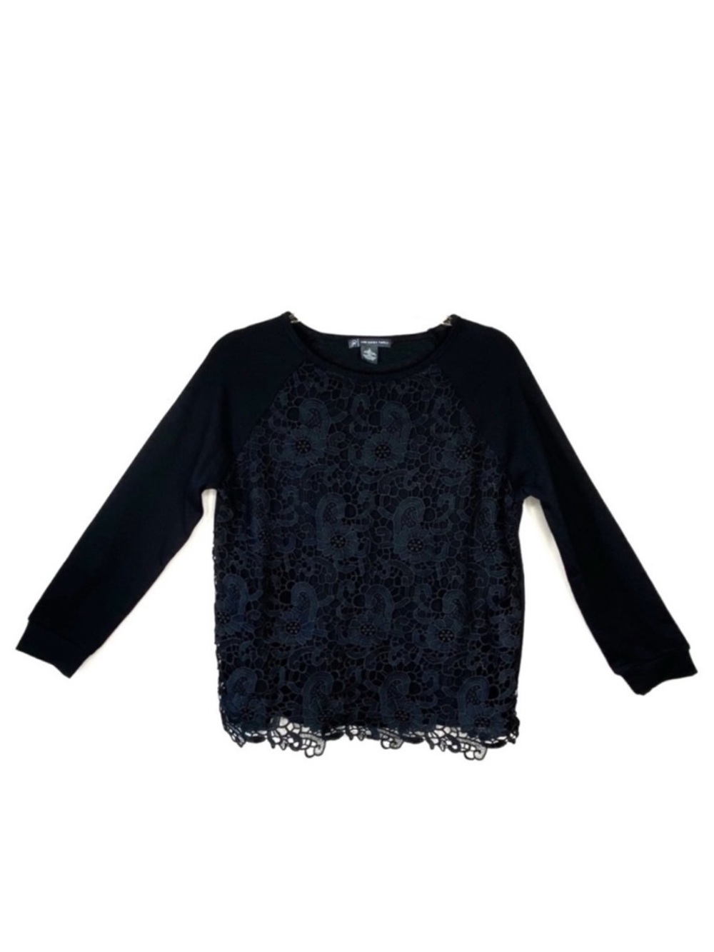 Adrianna Papell Top Long Sleeve Jersey-Knit w/ Lace Overlay Black Size Small New